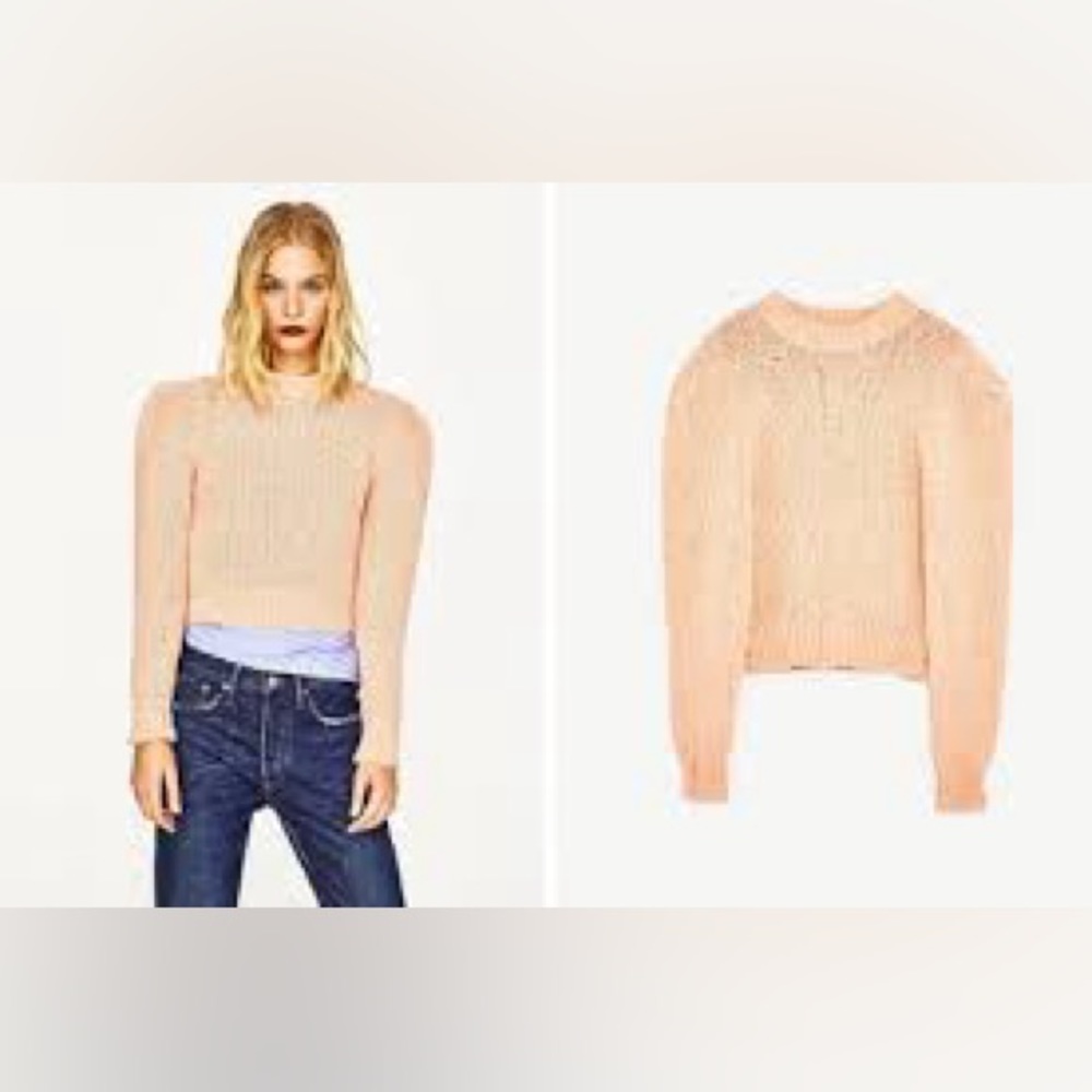 ZARA Loose Knit Peach Pink Crop Crewneck Sweater Size M